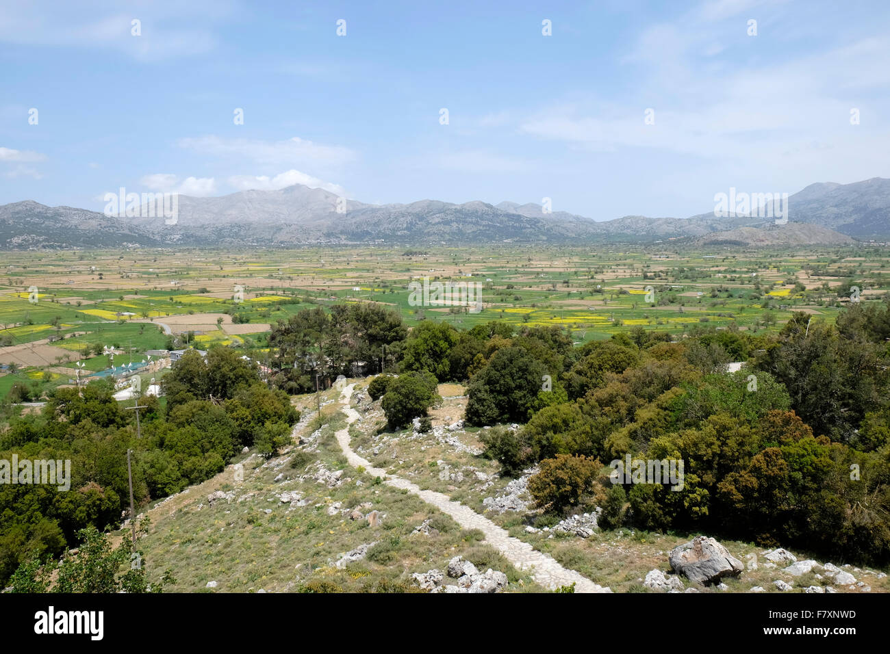 The Lasithi Plateau from the path up to the Dhiktean Cave, Mt Dhikti. Stock Photo