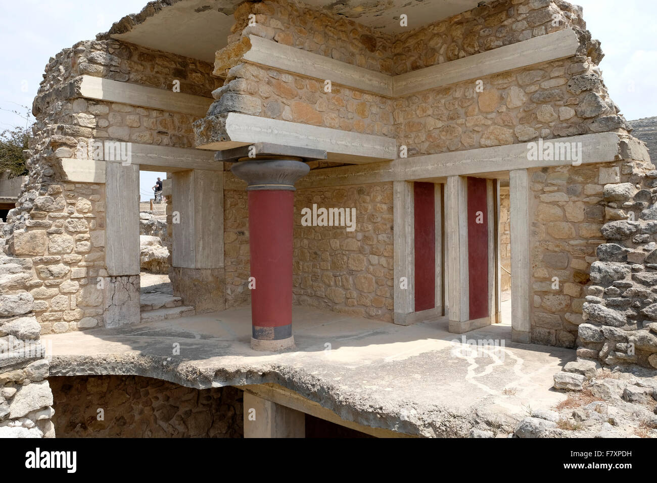 Reconstruction at the Minoan palace of Knossos, showing characteristic tapered red pillar. Stock Photo