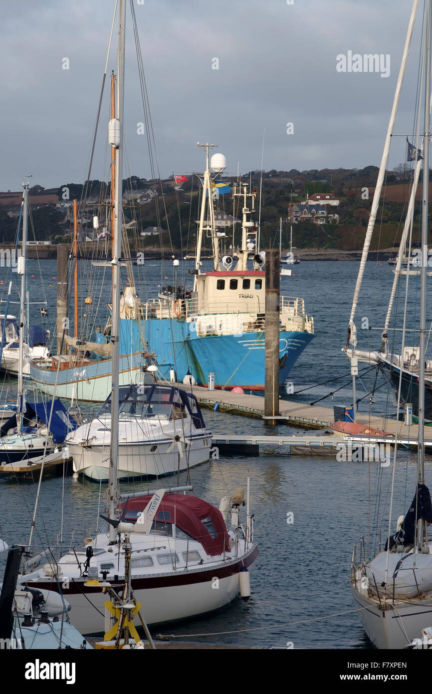 Boats tied up at pontoons in Falmouth Stock Photo