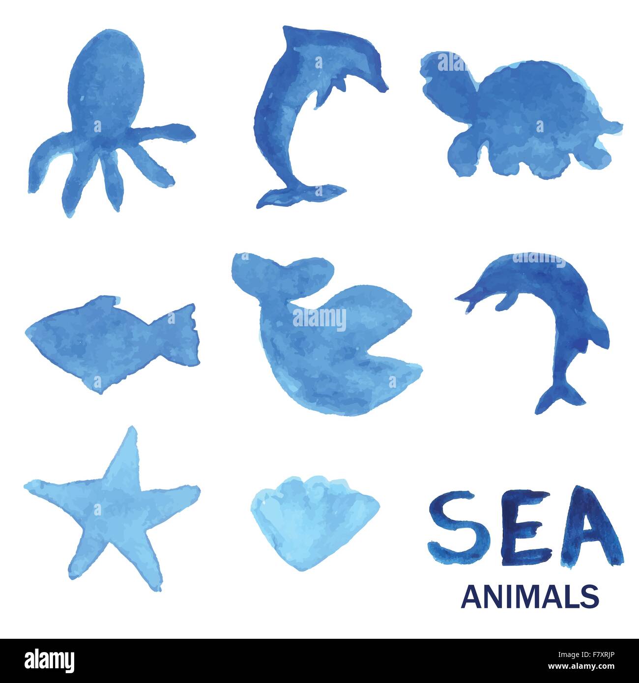 Blue hand drawn watercolor painted sea animals set. Stock Vector