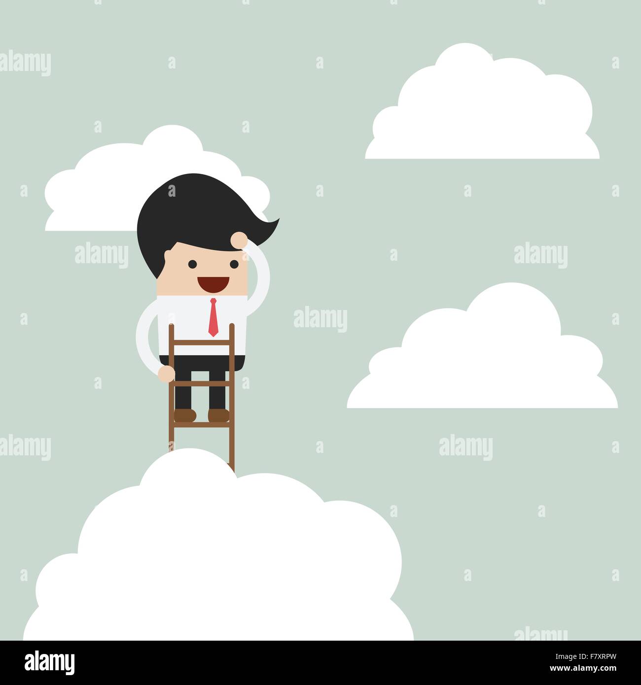 Businessman climbing up a ladder to above the clouds and looking far ...
