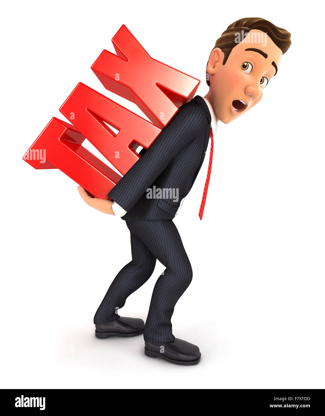3d businessman carrying heavy tax word, isolated white background Stock Photo