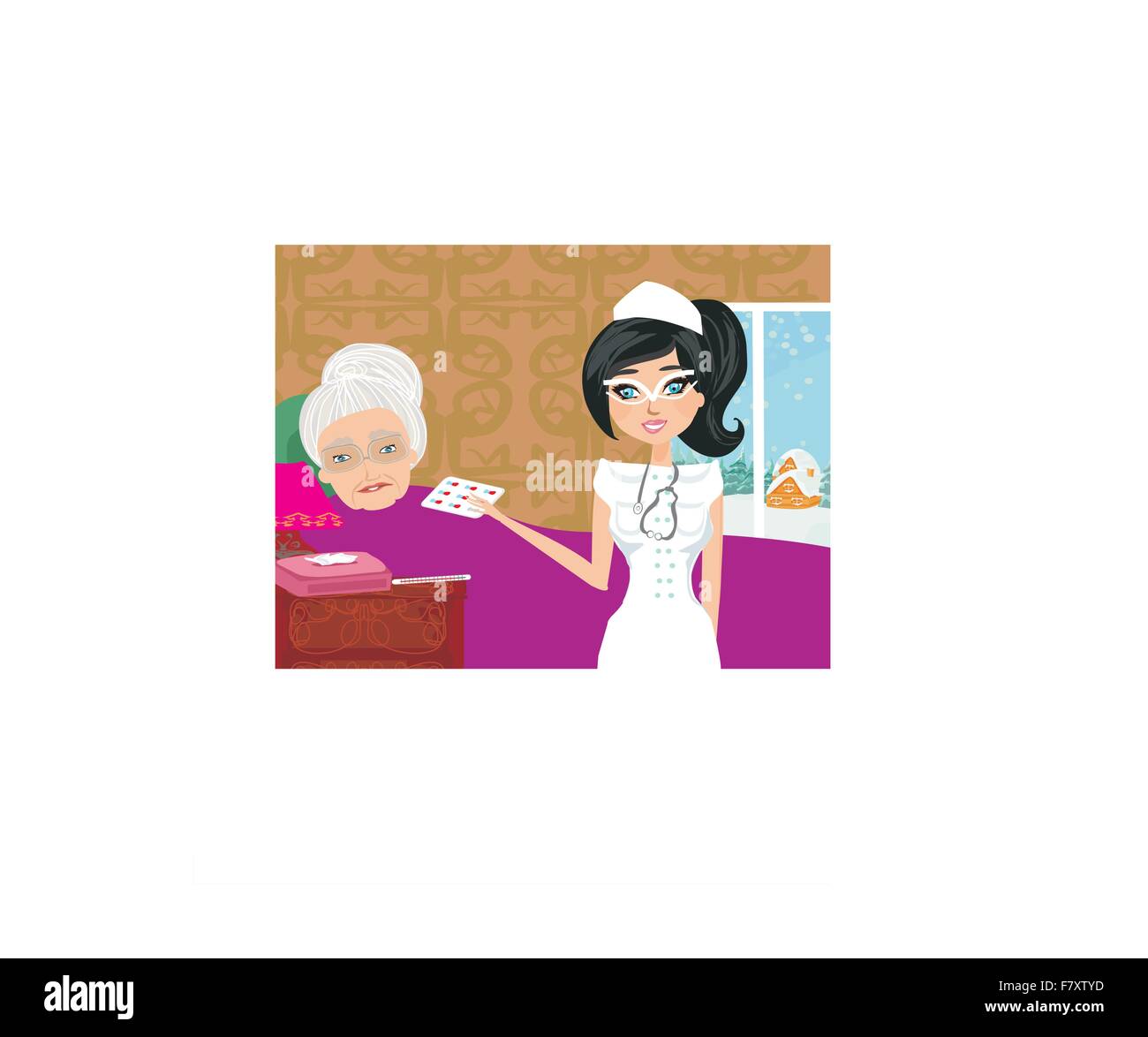 nurse takes care of a sick elderly lady Stock Vector