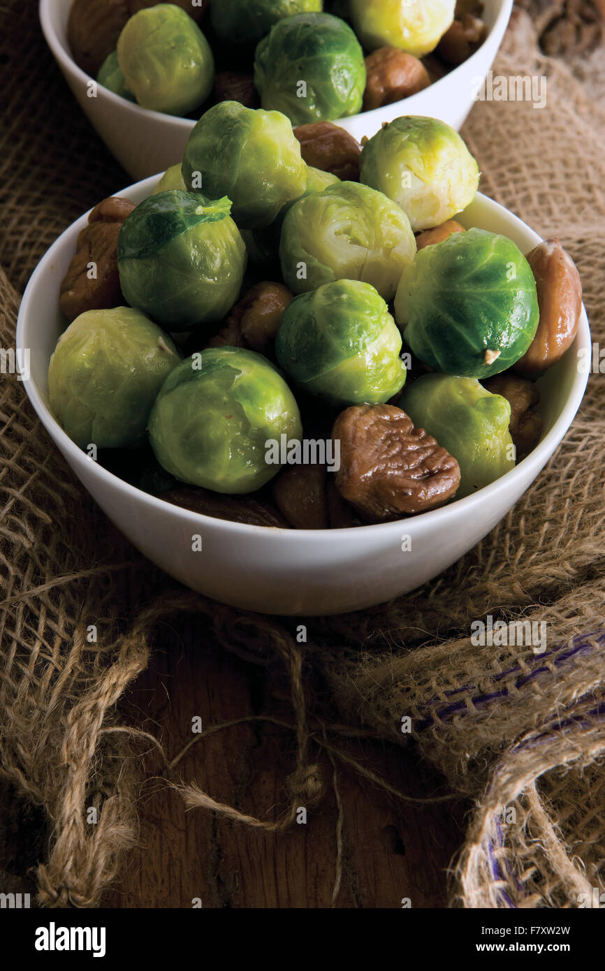 Christmas food photography – Brussels sprouts with chestnuts Stock Photo