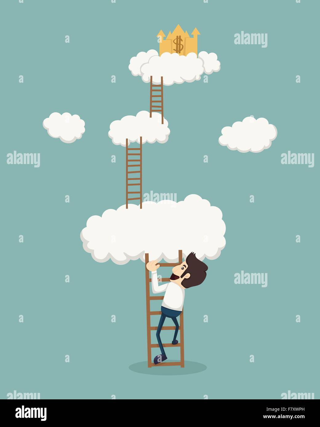 Businessman on a ladder above the clouds looking golden castle Stock Vector