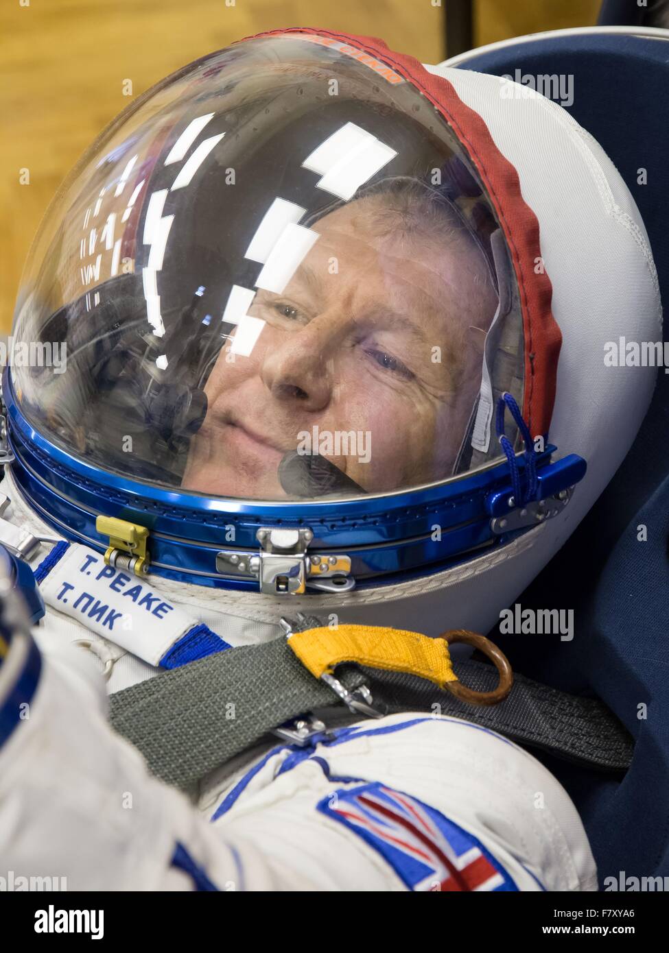 International Space Station Expedition 46 crew member European Space Agency astronaut Tim Peake is fitted into his Russian Sokol spacesuit at the Gagarin Space Center December 1, 2015 in Star City, Russia. The Expedition 46 crew launch December 15 for a six-month mission on the International Space Station. Stock Photo