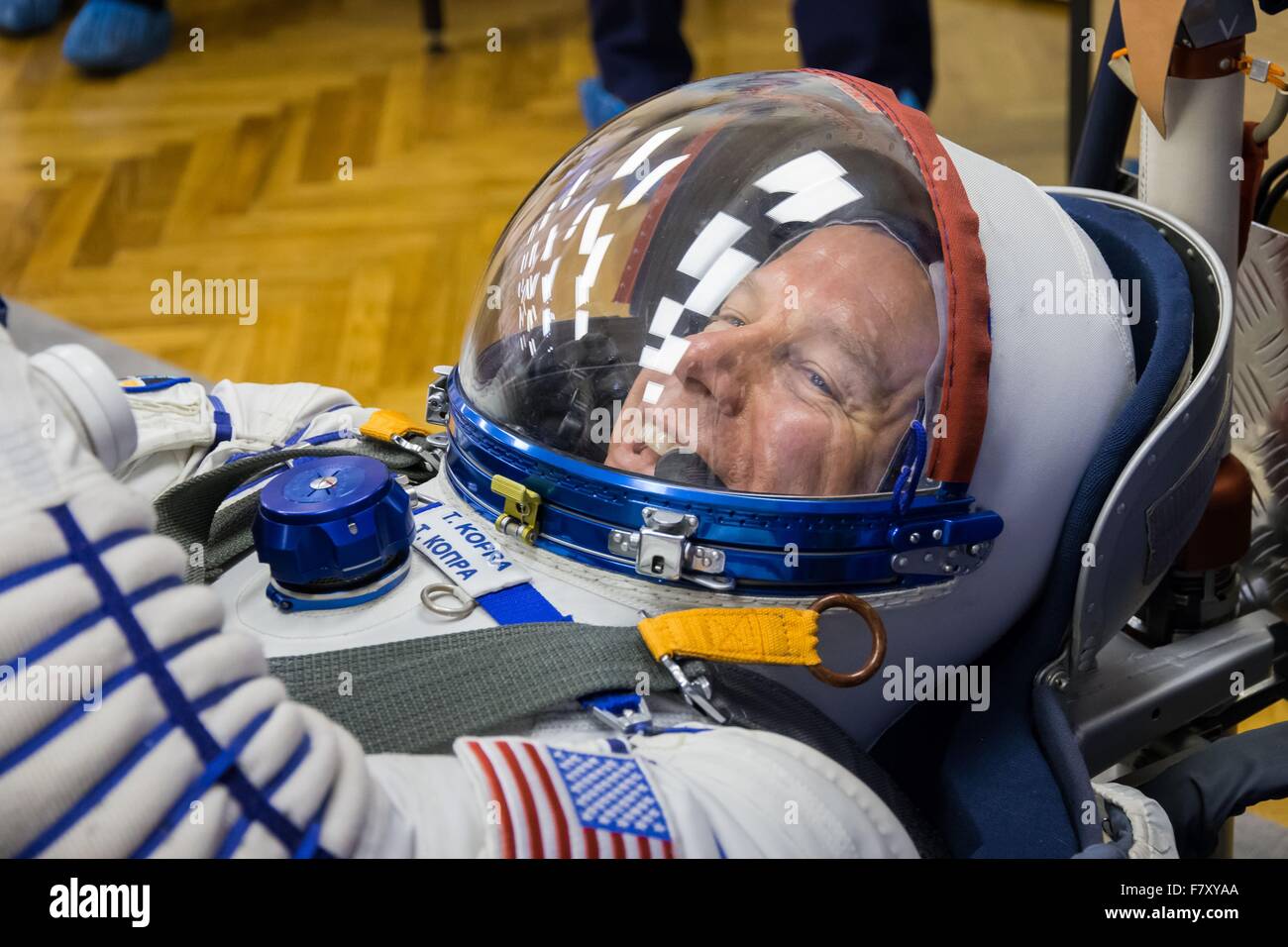 International Space Station Expedition 46 crew member European Space Agency astronaut Tim Peake is fitted into his Russian Sokol spacesuit at the Gagarin Space Center December 1, 2015 in Star City, Russia. The Expedition 46 crew launch December 15 for a six-month mission on the International Space Station. Stock Photo