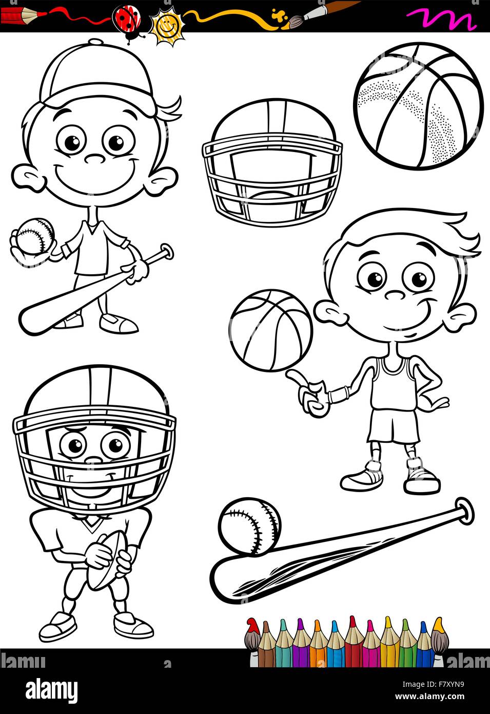 sport boy set cartoon coloring page Stock Vector
