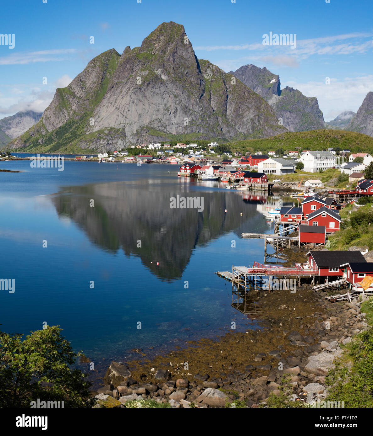 The spectacularly sited town and harbour of Reine in the western Lofoten Islands in Norway Stock Photo