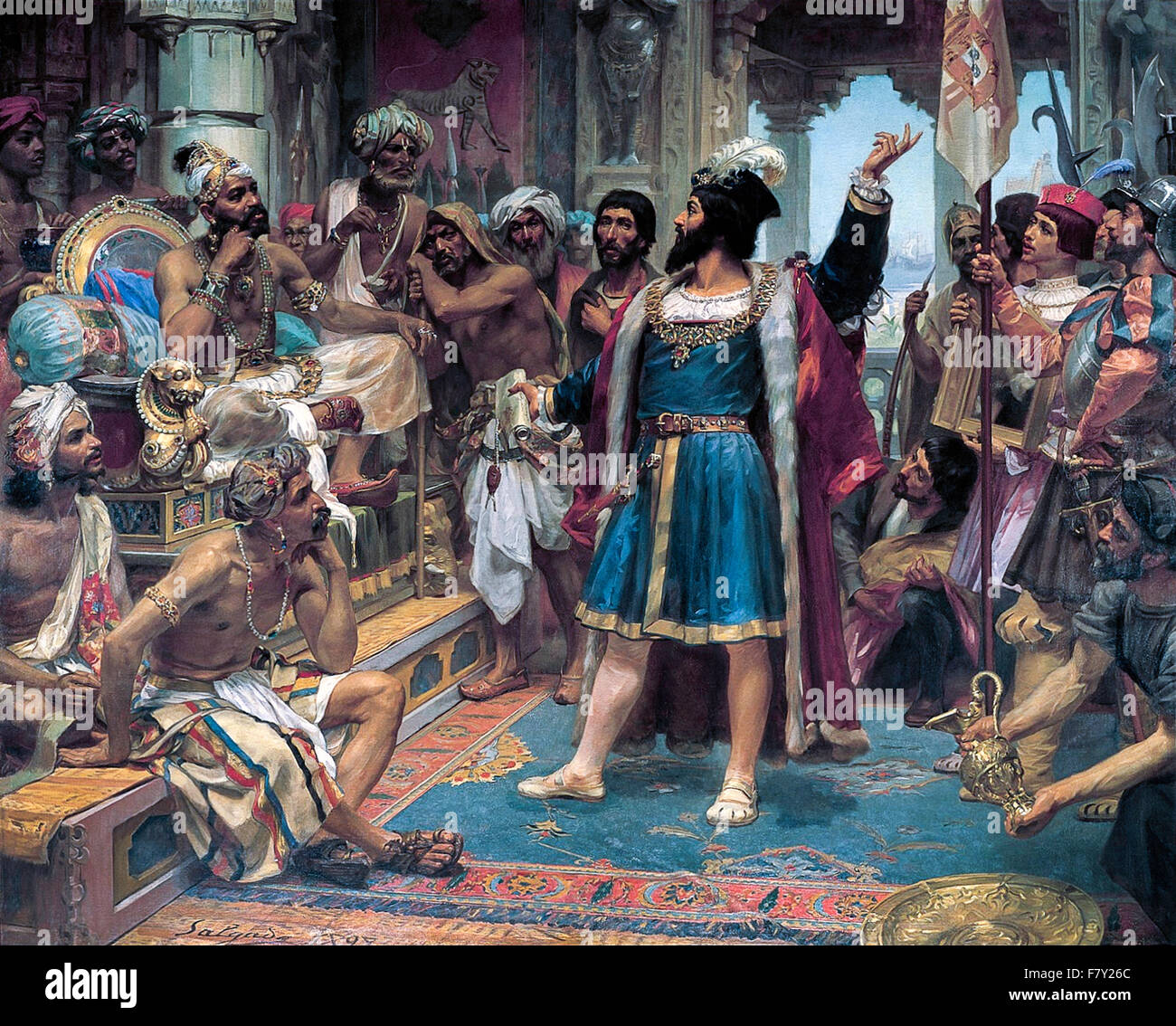 Vasco da Gama meeting with Zamorin of Calicut, oil painting by Jose Veloso Salgado (1864-1945). Stock Photo