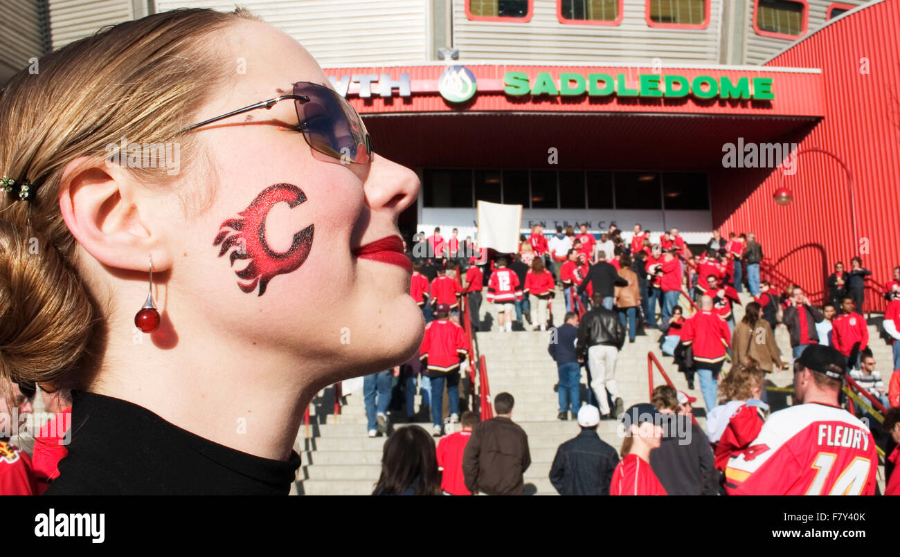 Calgary Flames fans celebrating before a playoff game.   * FOR EDITORIAL USE ONLY Stock Photo