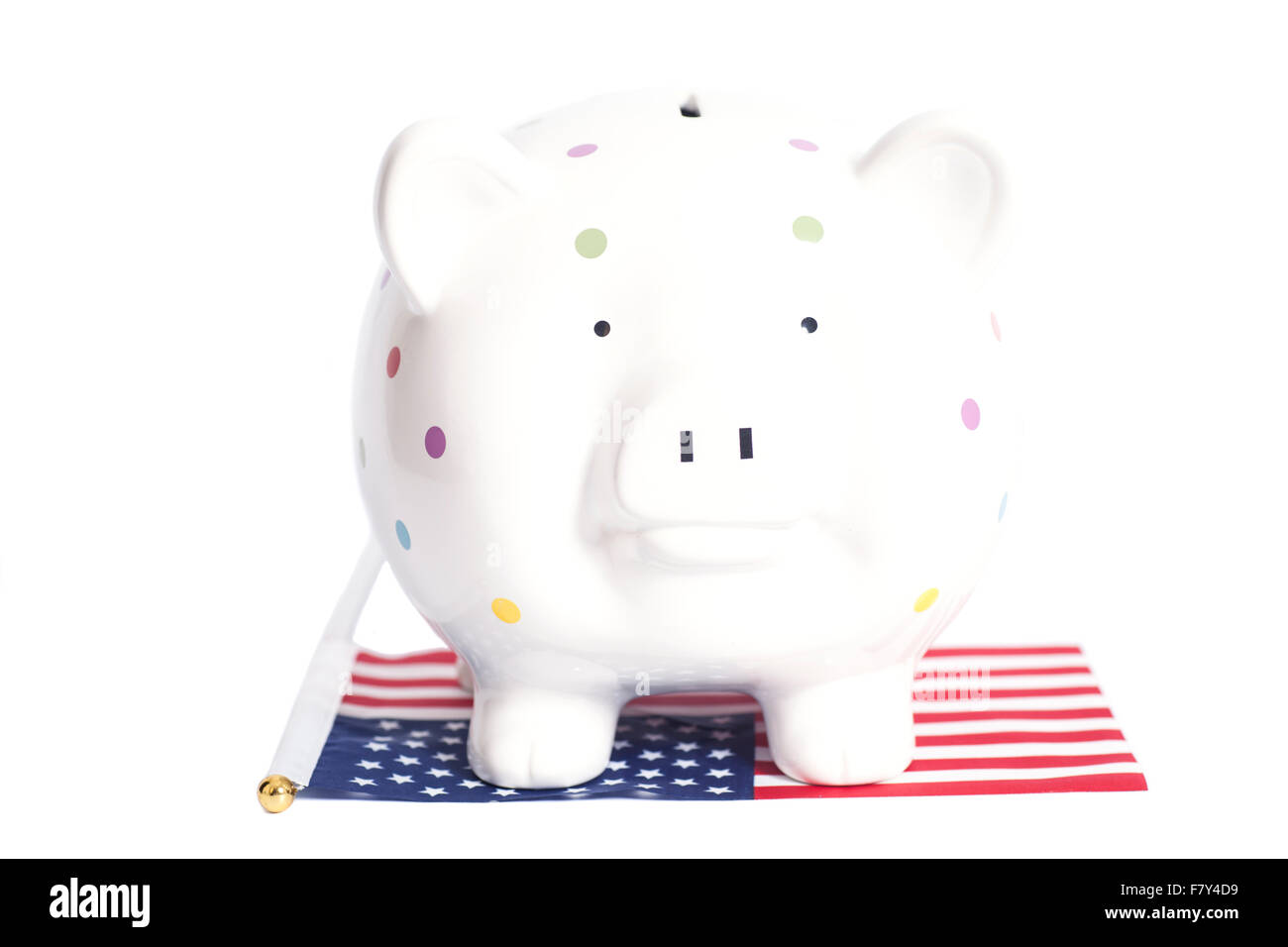 Piggy bank with American flag isolated on white Stock Photo