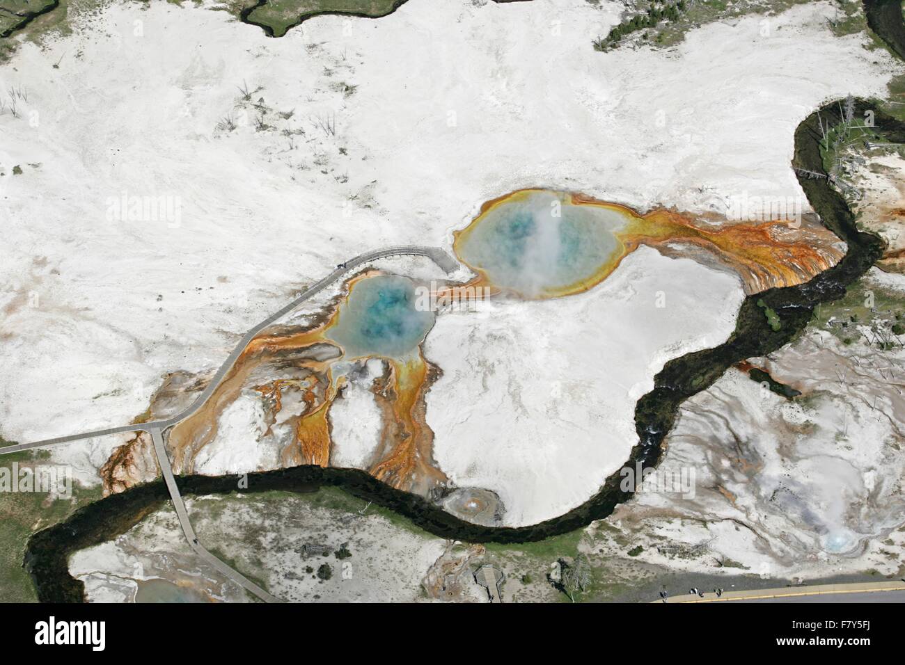 Aerial view of the Rainbow Pool and Sunset Lake in Black Sand Basin on Iron Spring Creek in Yellowstone National Park, Wyoming, USA. Stock Photo