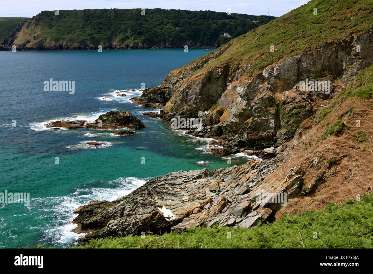 Looking towards the entrance of the Salcombe Estuary from the South West Coast Path in the South Hams, South Devon. Stock Photo