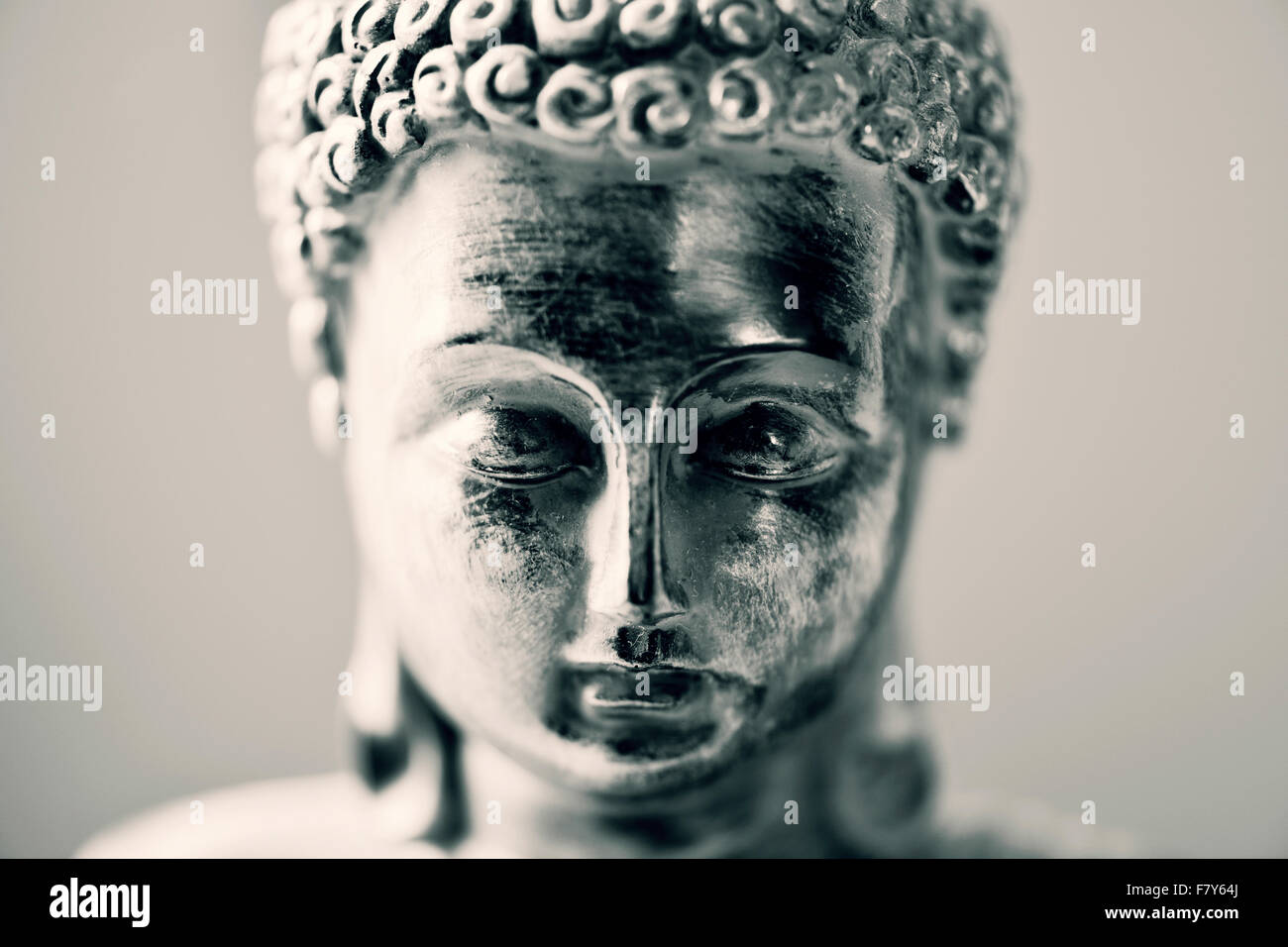 closeup of the face of a representation of the buddha in duotone Stock Photo