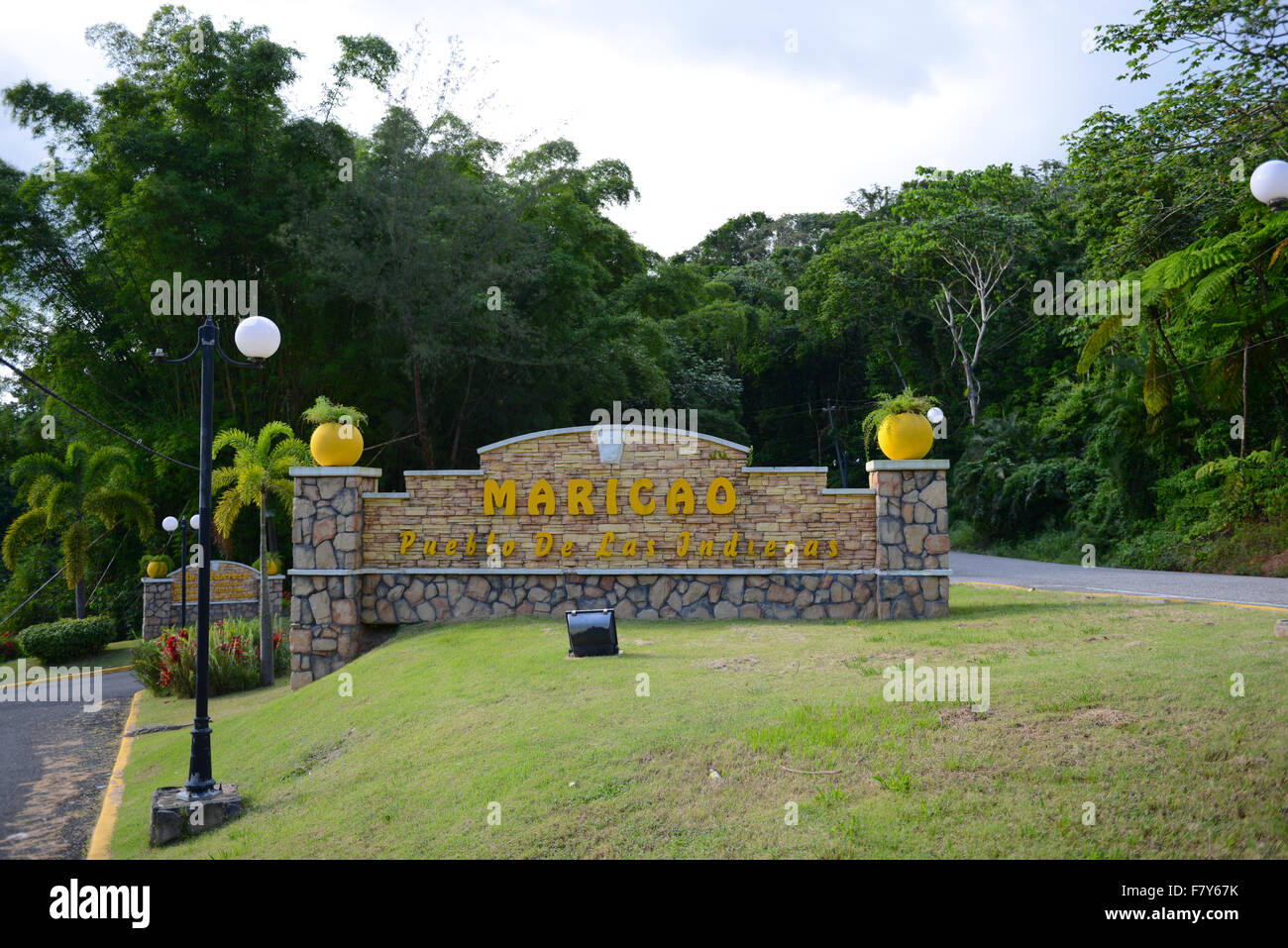 Sign at the entrance of the town of Maricao, Puerto Rico. Caribbean Island. USA territory. Stock Photo