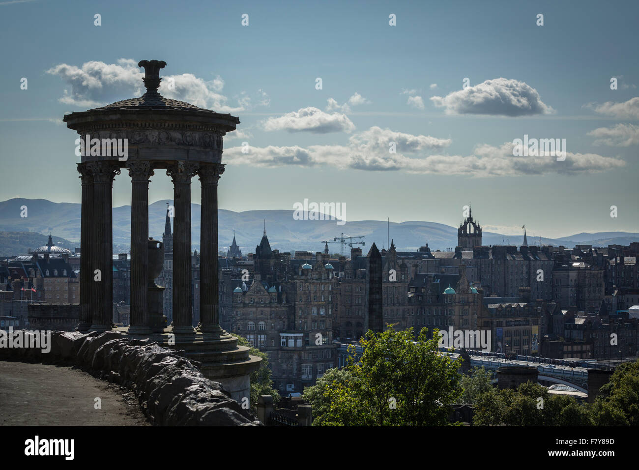 The Dugald Stewart Monument, with views over The Old Town, Edinburgh, Scotland Stock Photo