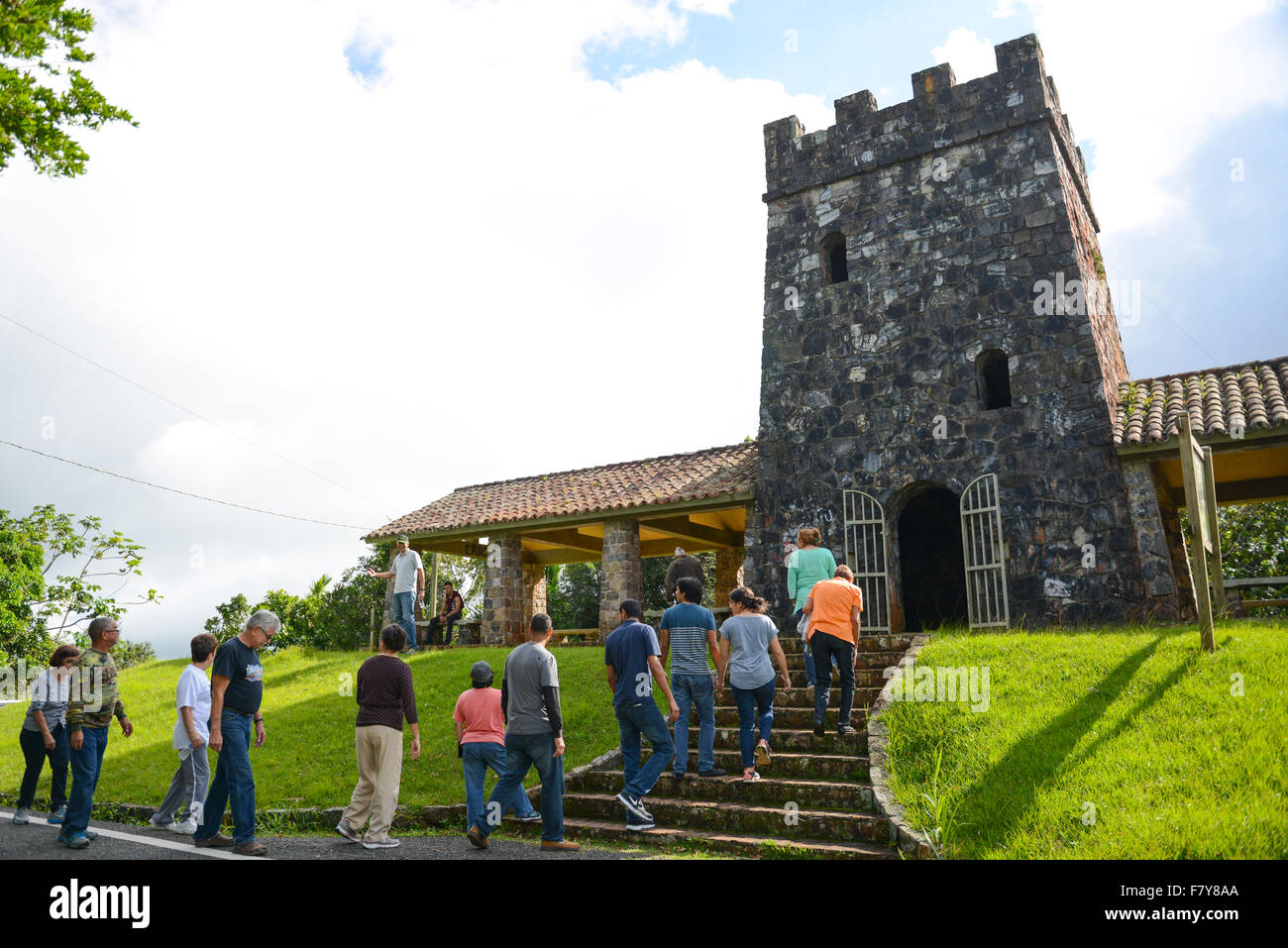 Tourists arriving at the Torre de Piedra (Stone Tower). Maricao, Puerto Rico. Caribbean Island. USA territory. Stock Photo