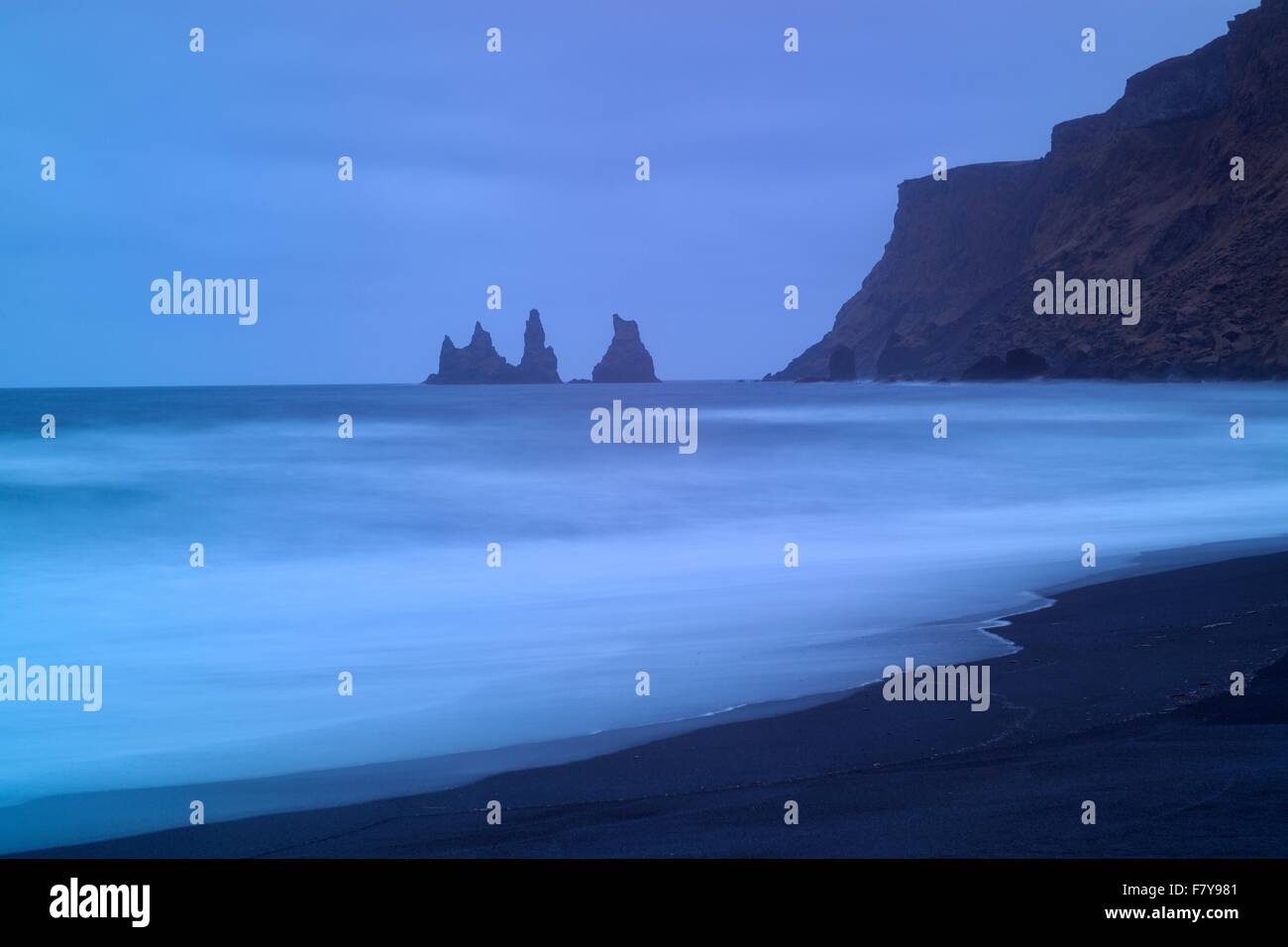 Reynisdrangar Pinnacles, black lava beach, Vik, Iceland Stock Photo