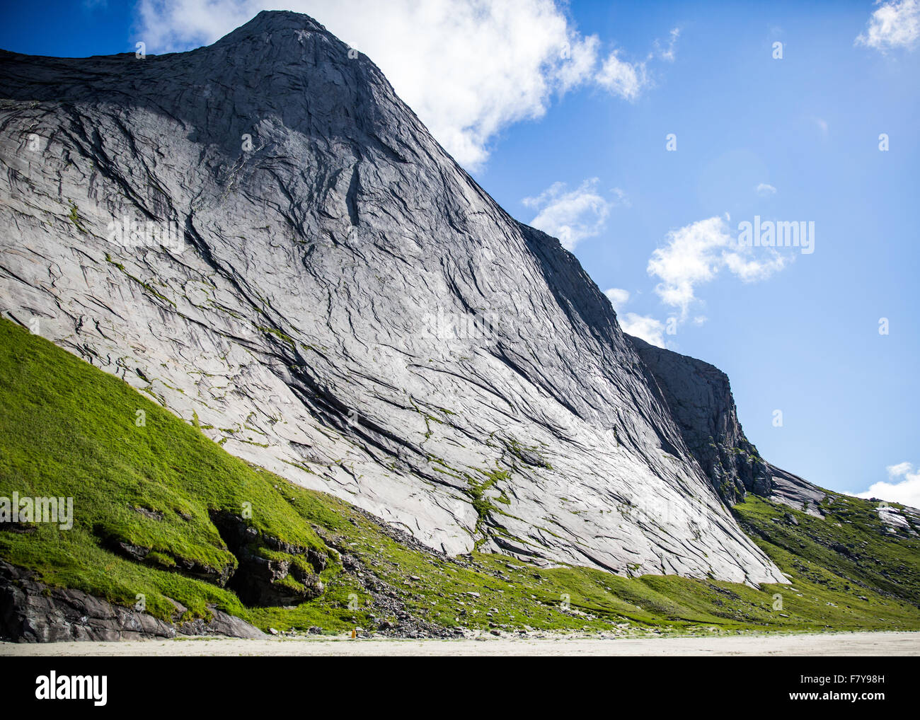 The Sheer Wall Of Helvetestinden Dropping Down To Bunes Beach On The West Coast Of The Lofoten Islands Norway Near Reine Stock Photo Alamy