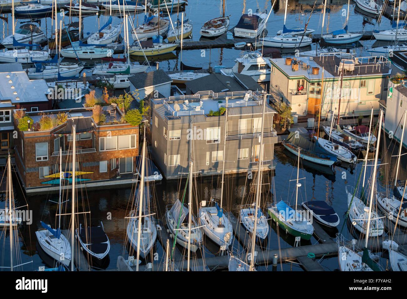 Houseboats, sailboats, Lake Union, Seattle, Washington, United States Stock Photo