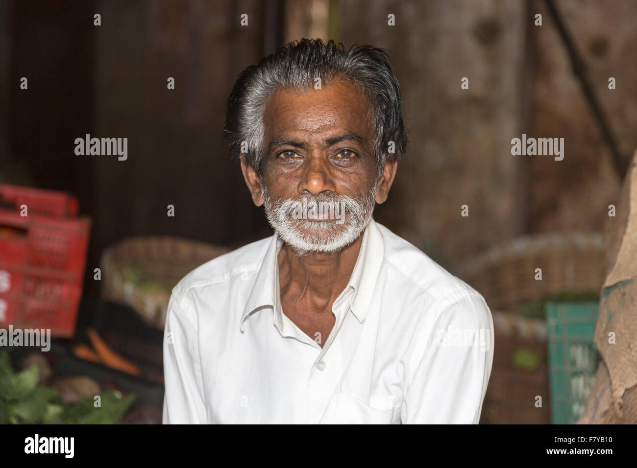 Dignified local Indian man with white beard in a market in the suburbs of Chennai, Tamil Nadu, southern India Stock Photo