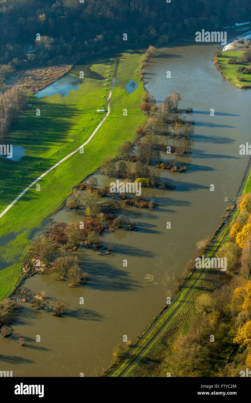 Flooded groynes between stiepel and Hattingen-Blankenstein, Hattingen, Bochum, Nordrhein-Westfalen, Germany, Europe, Aerial view Stock Photo