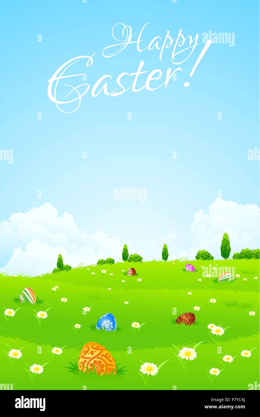 Green Landscape Background with Easter Eggs Stock Vector