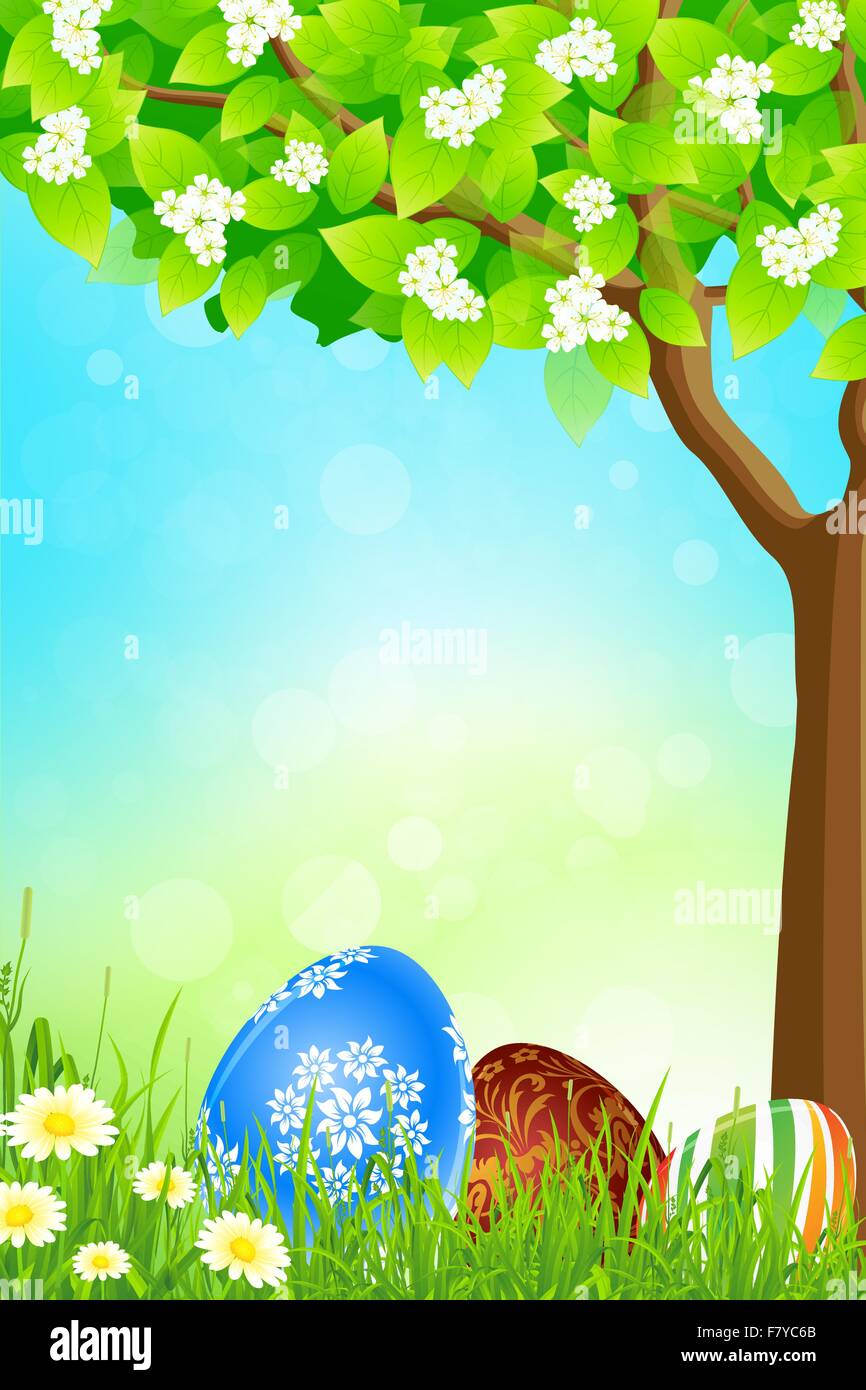 Green Tree Background with Easter Eggs Stock Vector