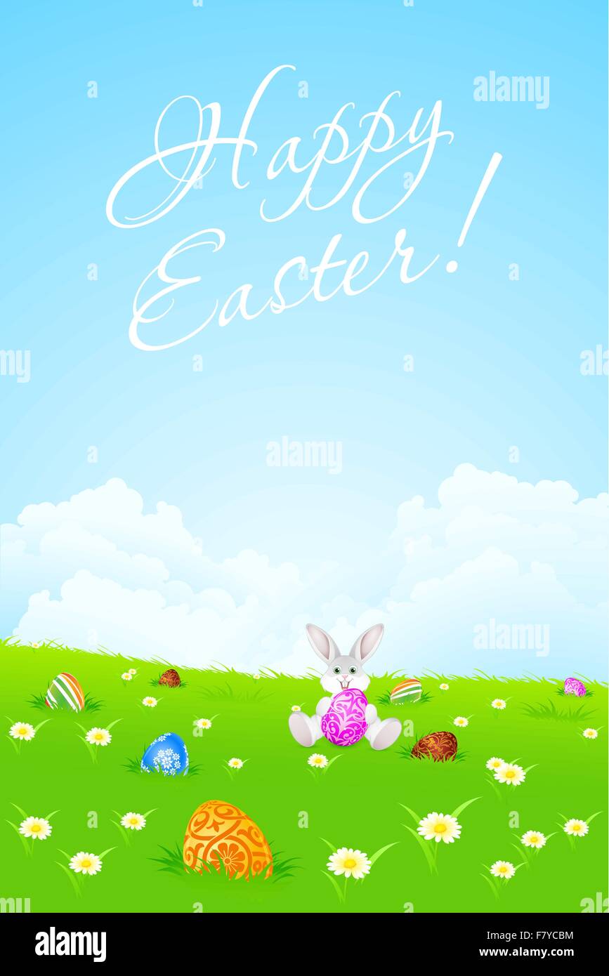 Green Landscape Background with Easter Eggs and Rabbit Stock Vector ...