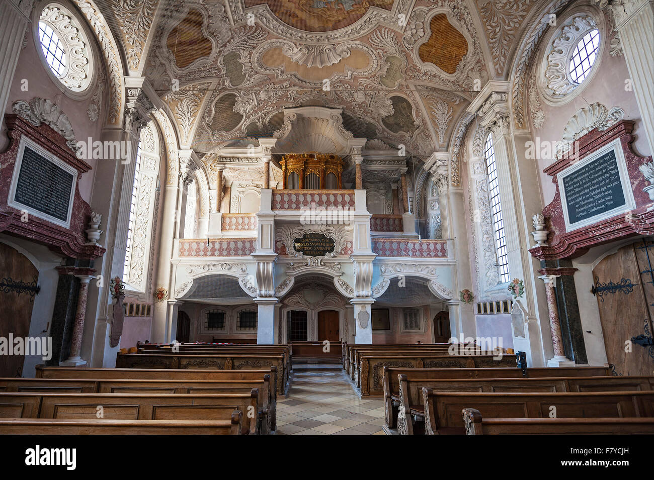 Organ loft, pilgrimage church of the Holy Blood, Erding, Bavaria, Upper Bavaria, Germany Stock Photo