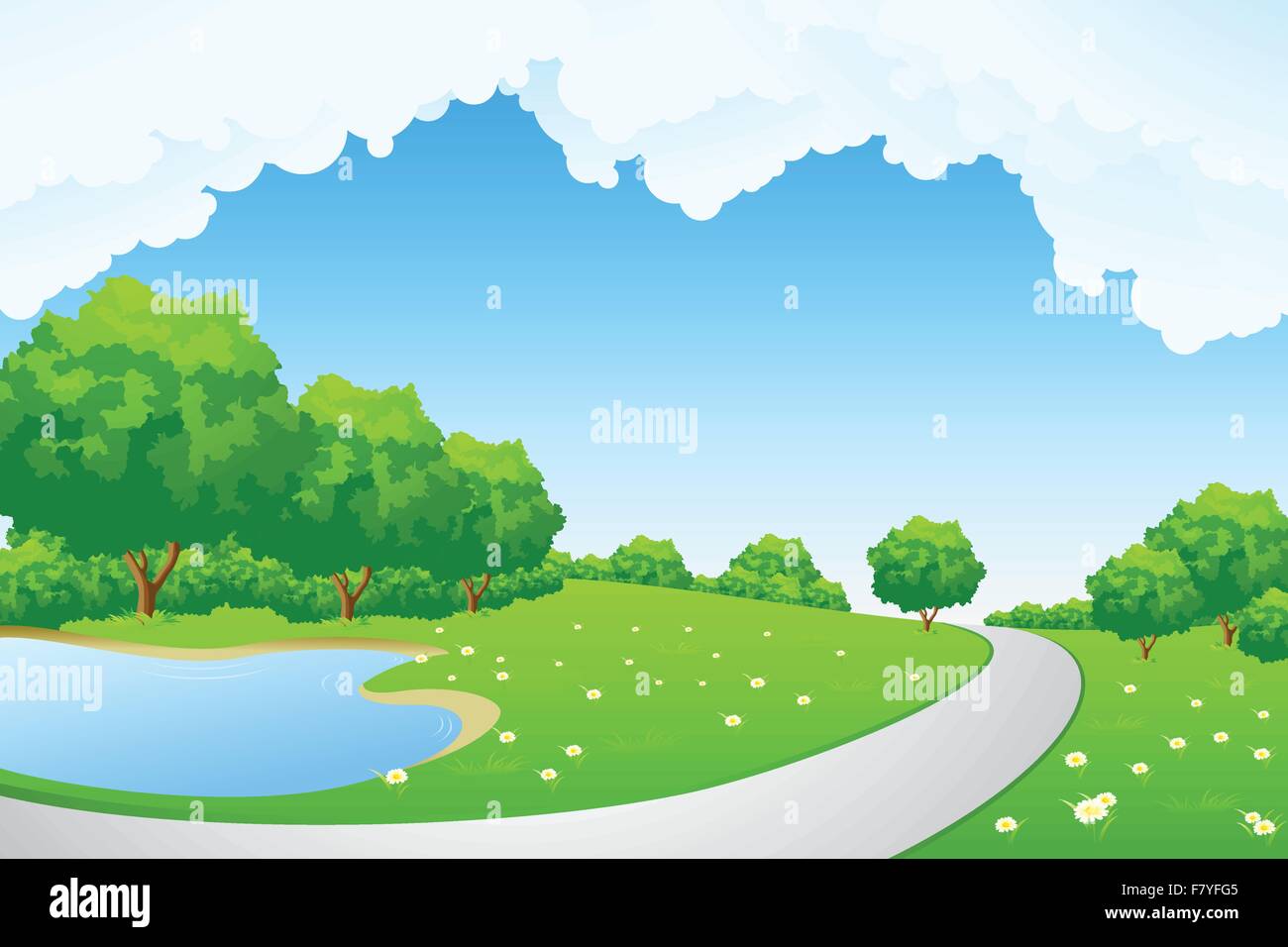 Landscape - green hill with tree lake and cloudscape Stock Vector Image ...