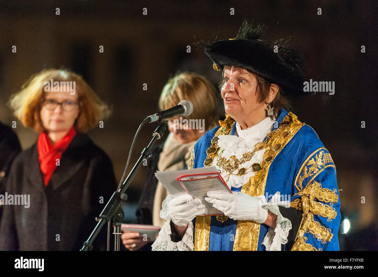 London, UK.  3 December 2015.  Councillor The Lady Flight, the Lord Mayor of Westminster, gives a speech at the annual lighting of the Christmas Tree lights ceremony in Trafalgar Square.    The tree is donated by the City of Oslo to the people of London each year as a token of gratitude for Britain’s support during the Second World War. Credit:  Stephen Chung / Alamy Live News Stock Photo
