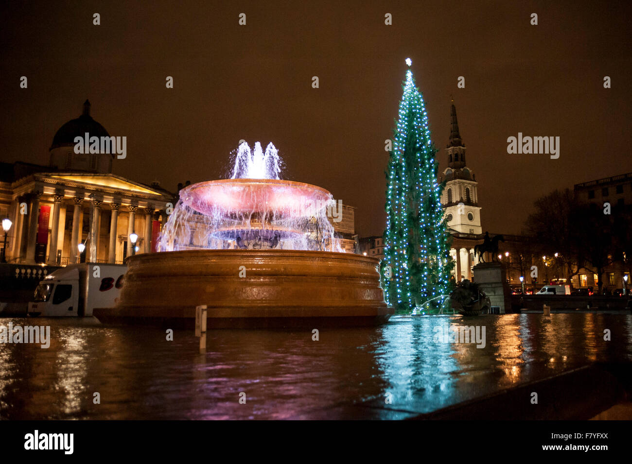 London, UK. 3 December 2015. The newly lit Christmas tree in Trafalgar