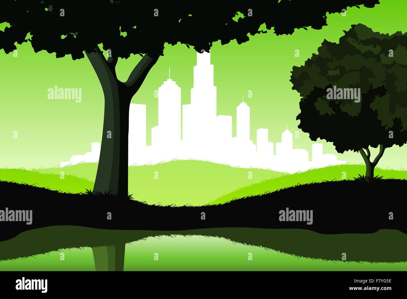 Night Landscape with trees and city silhouette Stock Vector