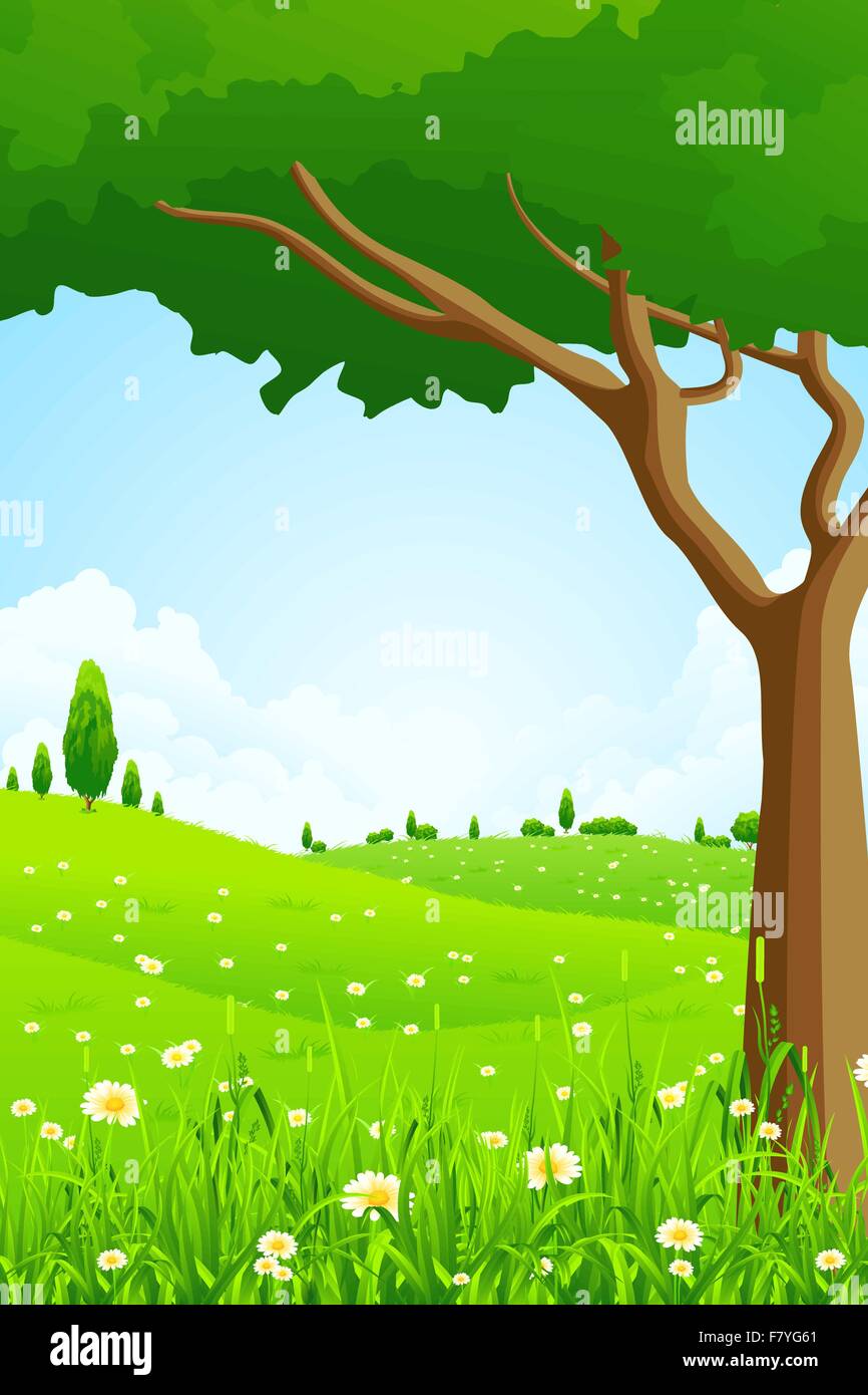 Green Landscape with Flowers and Trees Stock Vector Image & Art - Alamy