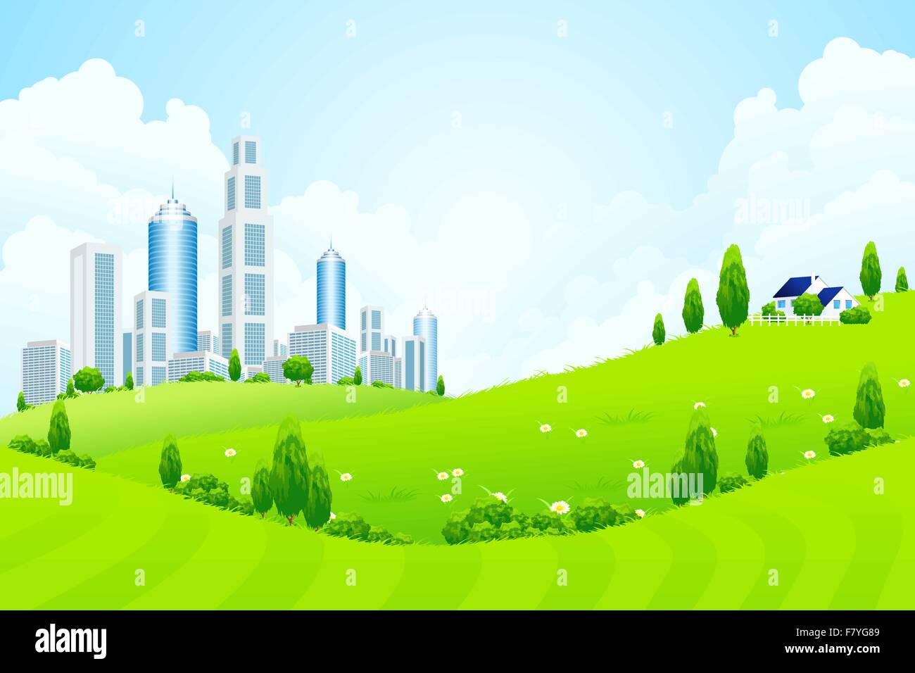Green Landscape with City and Clouds Stock Vector Image & Art - Alamy