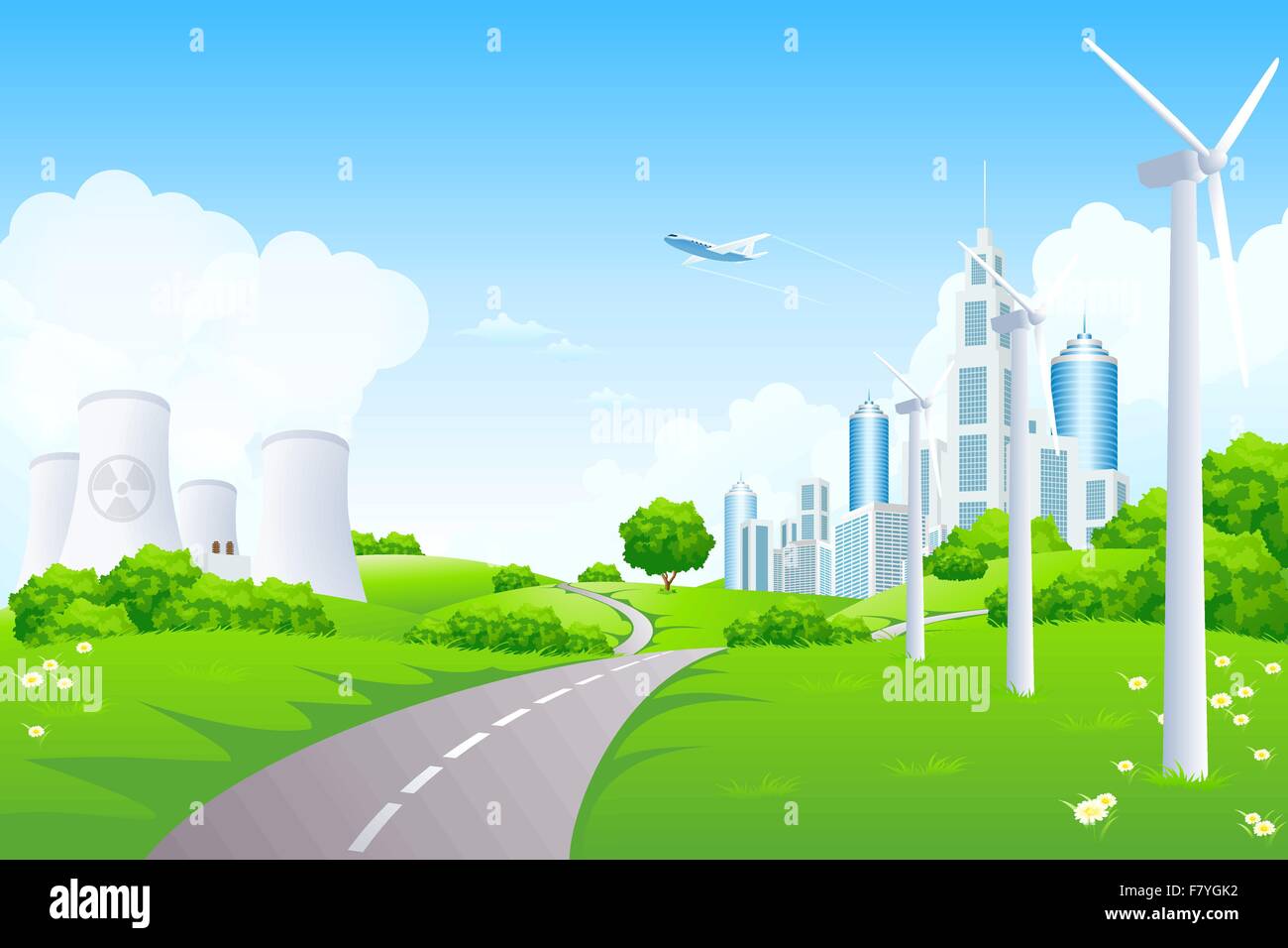 Green Landscape with City Windmills and Nuclear Power Plant Stock ...