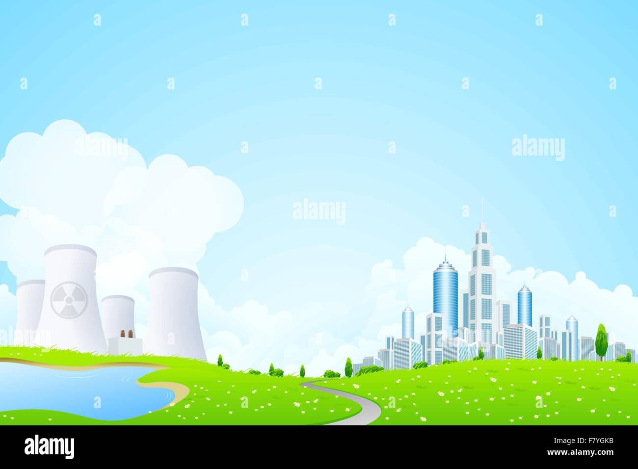 Green Landscape with City Lake and Nuclear Power Plant Stock Vector ...