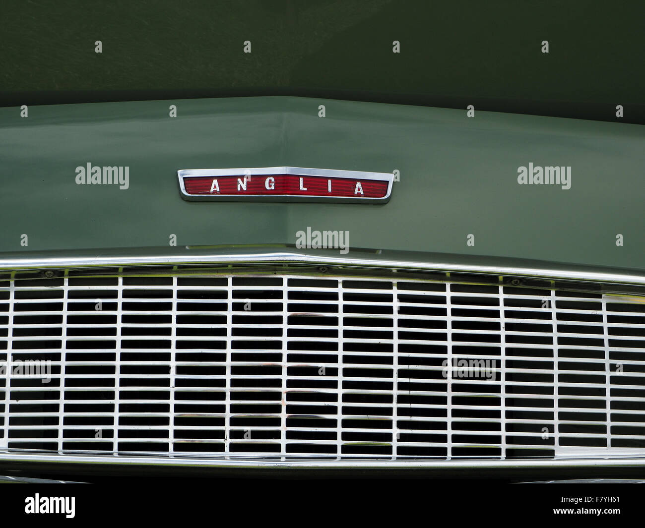 Detail of Ford Anglia bonnet badge and grille on classic car Stock Photo -  Alamy