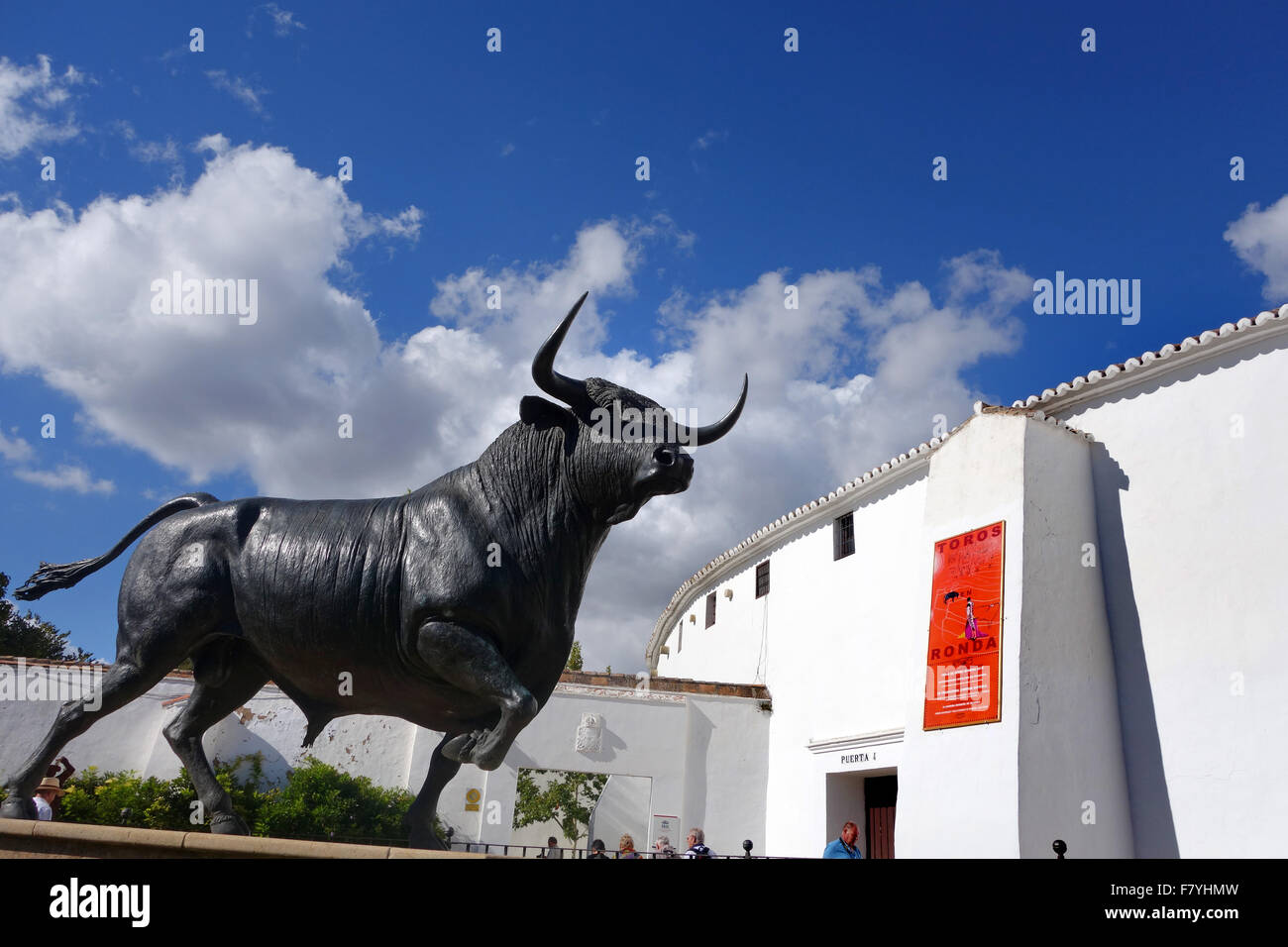 Statue of black bull outside Ronda Bullring in Andalusia Spain Stock Photo