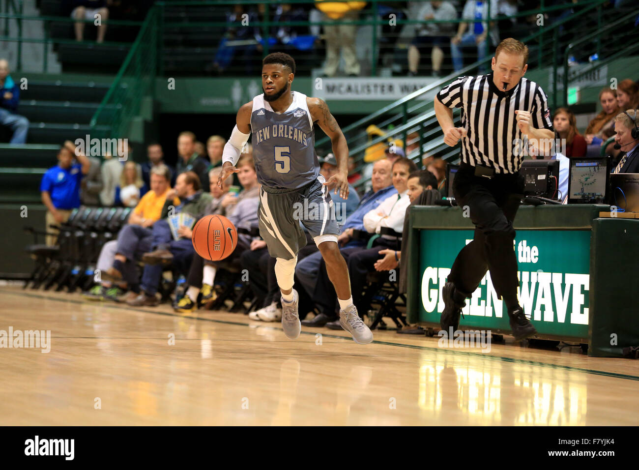 December 2, 2015: New Orleans Privateers guard Christavious Gill (5) advances the ball down court during the game between Tulane and the University of New Orleans at Fogelman Arena in Devlin Fieldhouse, New Orleans Louisiana © Steve Dalmado/Cal Sport Media Stock Photo