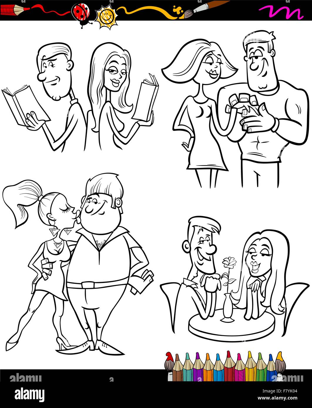 couples set cartoon coloring page Stock Vector