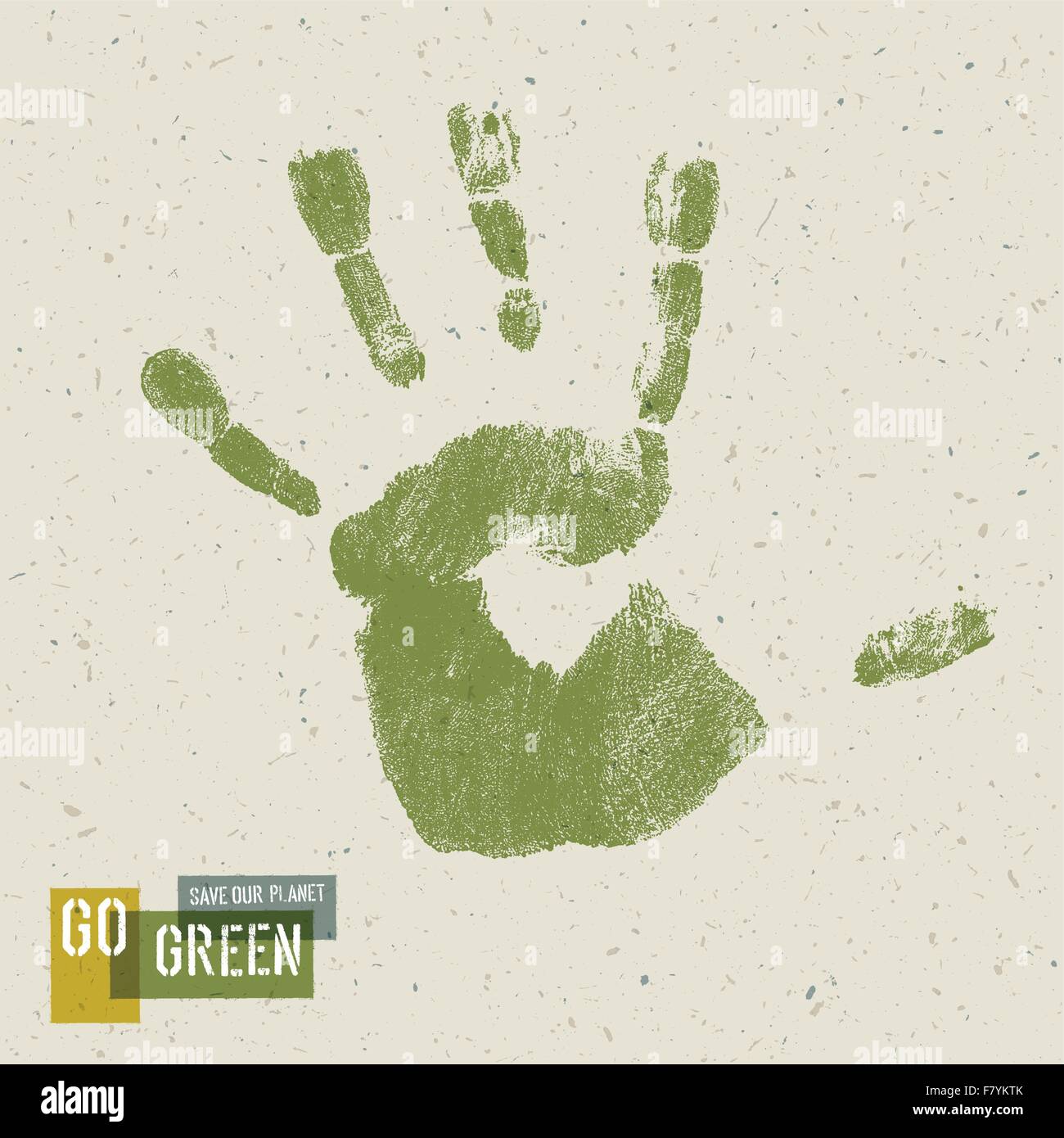 Go Green Concept Poster. Handprint on recycled paper texture, ve Stock