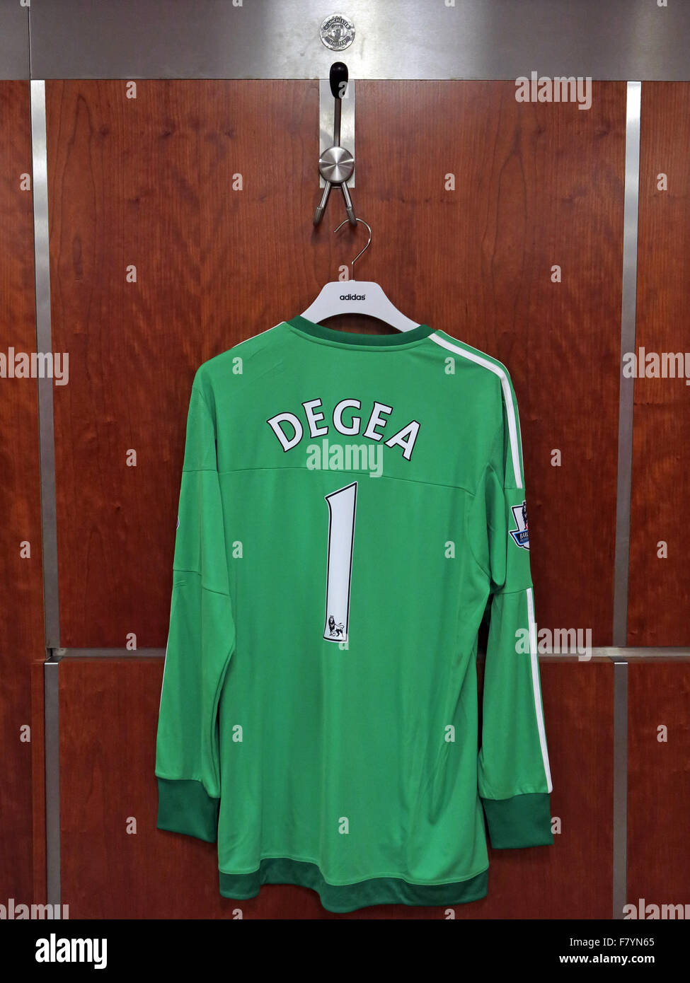 David De Gea green shirt in MUFC dressing room, Old Trafford Stock Photo