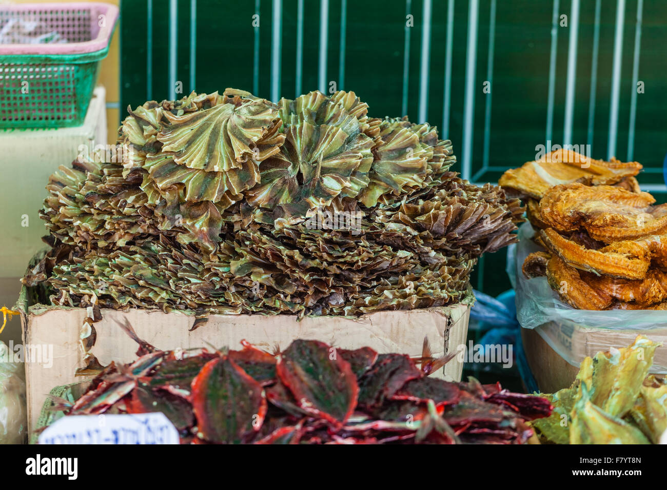 dried seafood on sale in a thai street market in Bangkok, Thailand Stock Photo