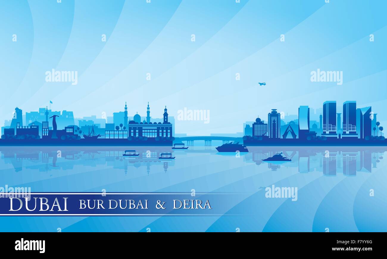 Dubai Deira and Bur Dubai skyline silhouette background Stock Vector