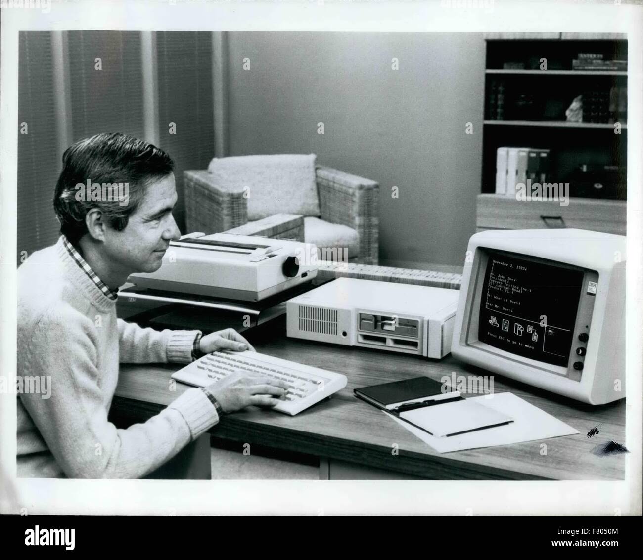1981 - People Who Use An IBM Personal Computer at work can use many of the same IBM programs at home on a new PCjr equipped with a diskette drive and IBM Personal Computer Disk Operating System 2.1. The PCjr offers a number of advanced features including enhanced graphics and sound capabilities and an optional device which enables it to communicate with other computers. © Keystone Pictures USA/ZUMAPRESS.com/Alamy Live News Stock Photo