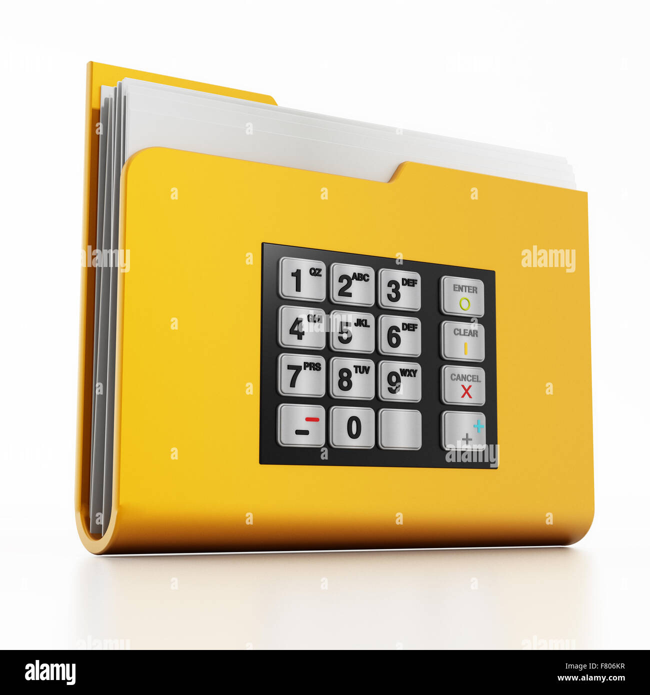 ATM keypad on folder icon with documents isolated on white background Stock Photo