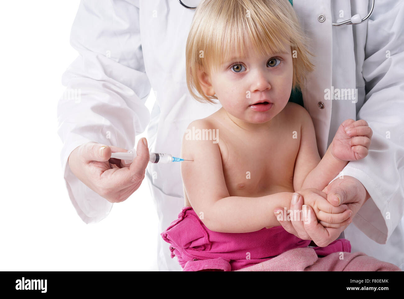 Doctor gives baby girl an injection. little girl is given an injection
